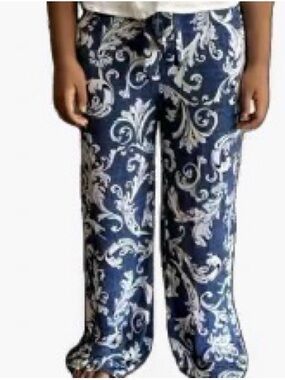 Women's Navy Blue Textured Scroll-Print Wide Leg Pants. Adjustable belt tie.
